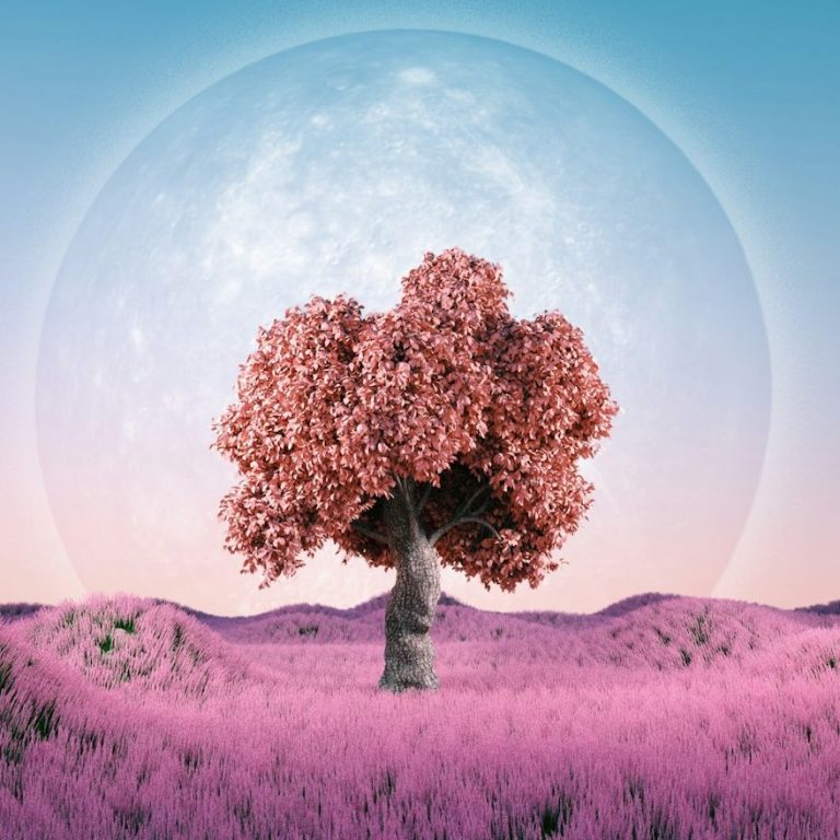 Pink Tree Surrounded by a protective glass bowl.